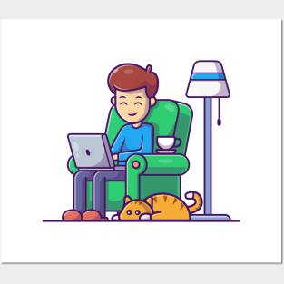 Male working on computer with cat cartoon Posters and Art